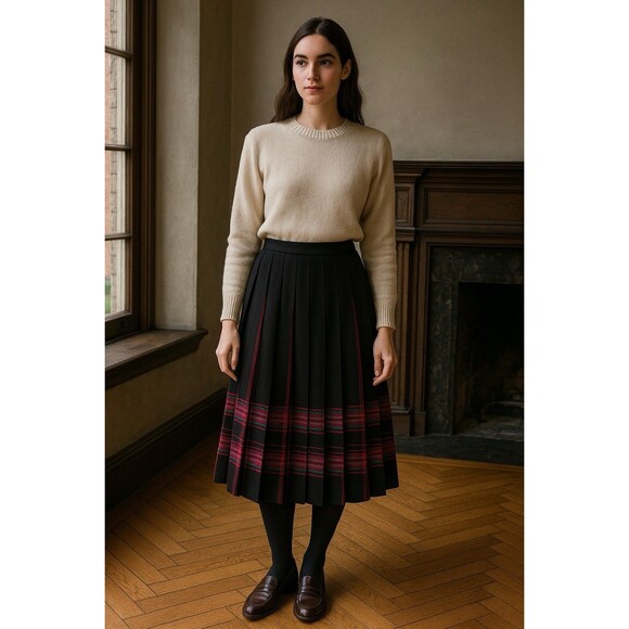 Vintage Pendelton Wool Pleated Midi Skirt Black Pink Plaid Sz 8 Dark Academia - Picture 1 of 8